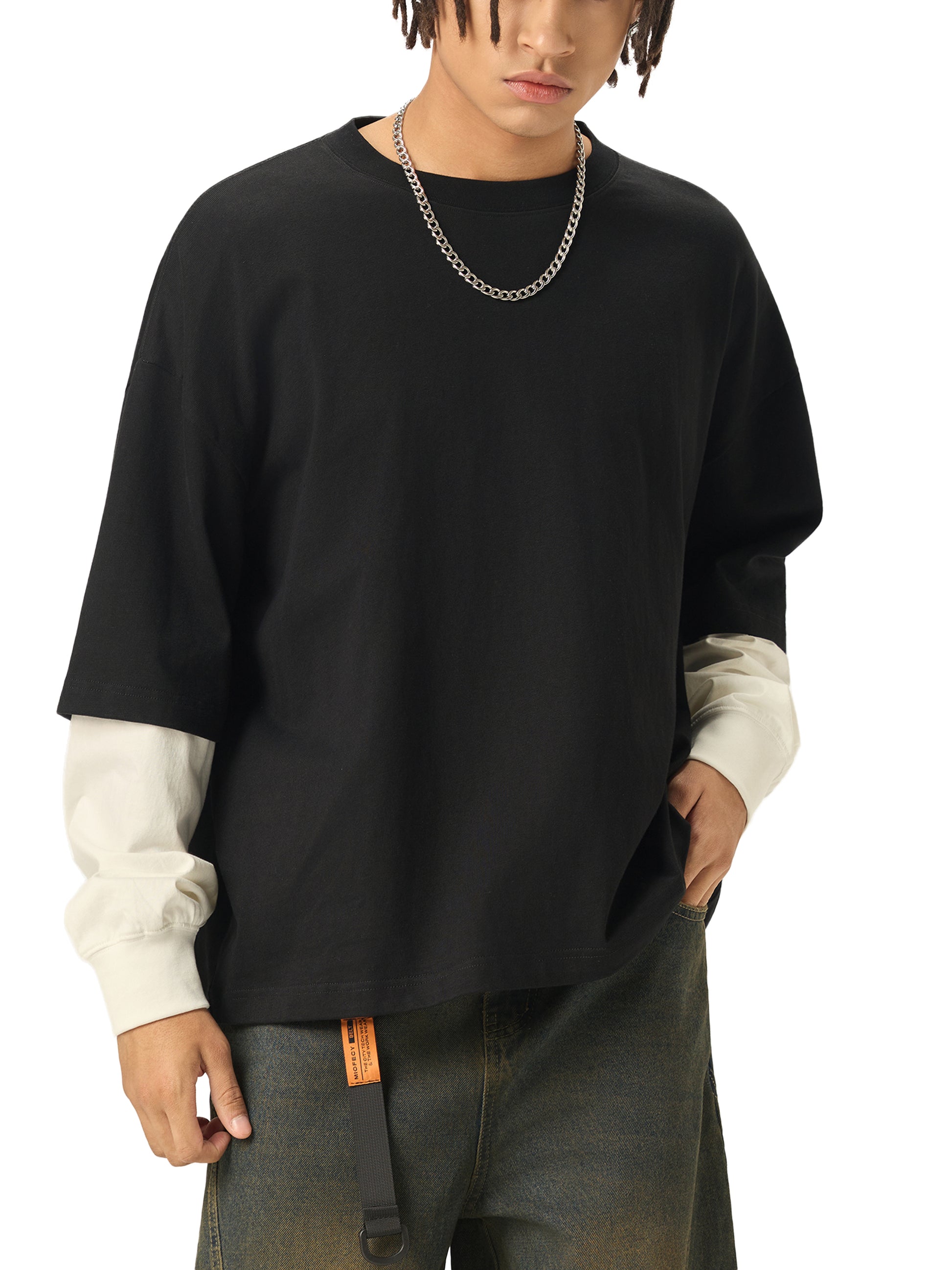 Layered Contrast Sleeve Cotton T-Shirt